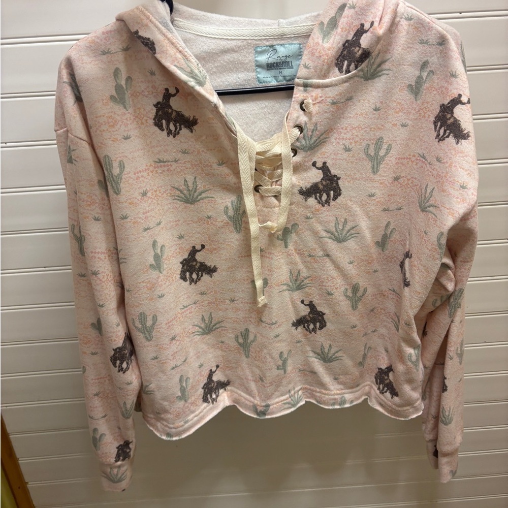 Rock & Roll Denim Cowboy Print Cropped Hoodie